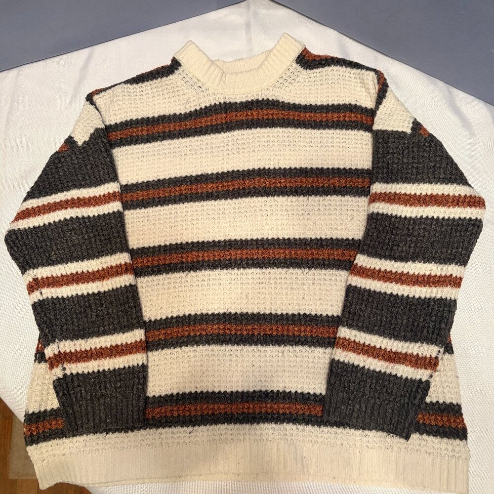 American Eagle Women Sm Striped Waffle Knit Sweater Crew Neck Cozy